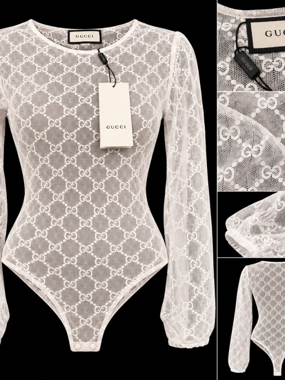 Gucci Sheer White GG Lace Long-Sleeve Bodysuit